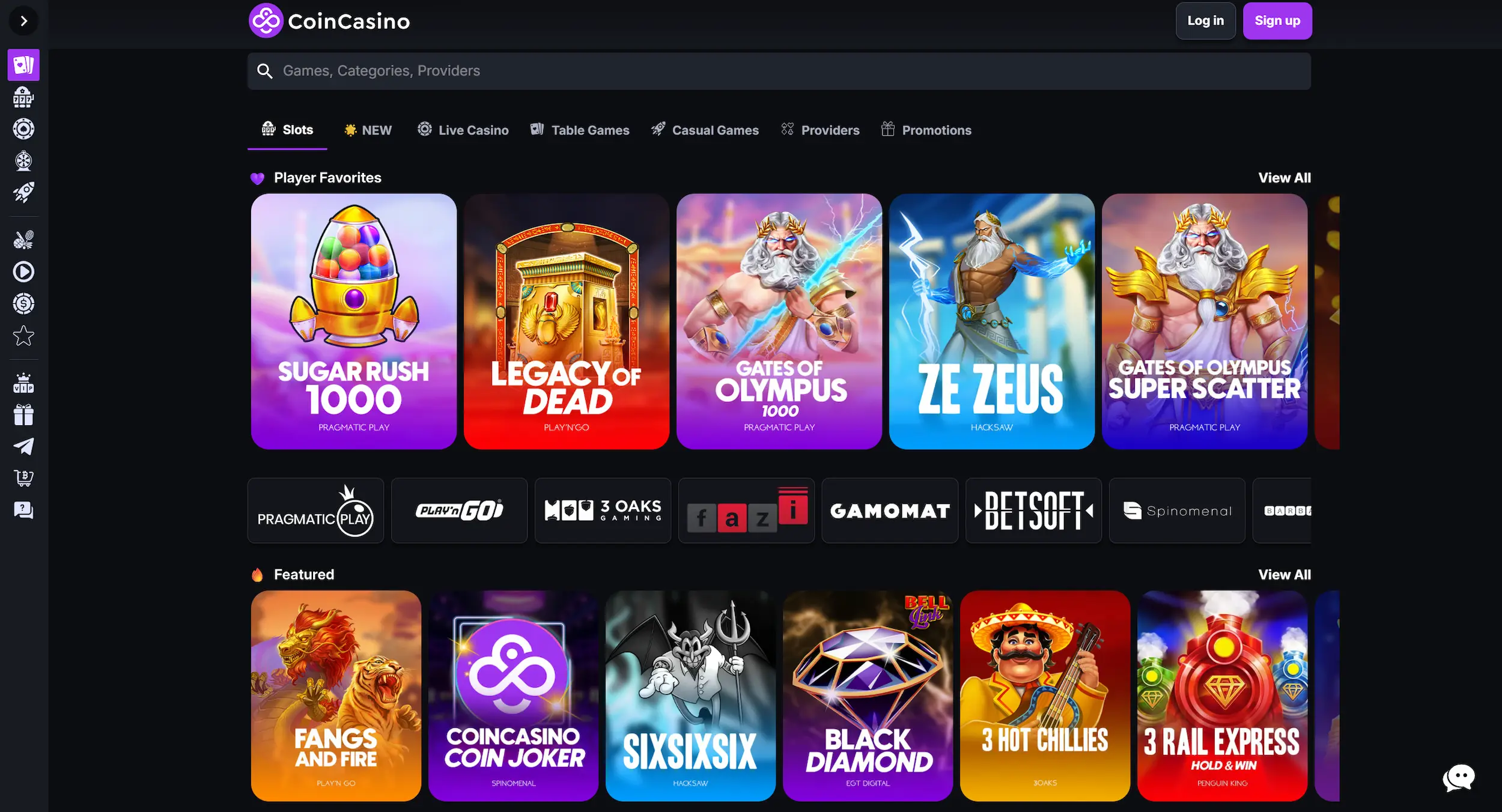 CoinCasino page showing selection of online pokies, game providers and site main navigation 