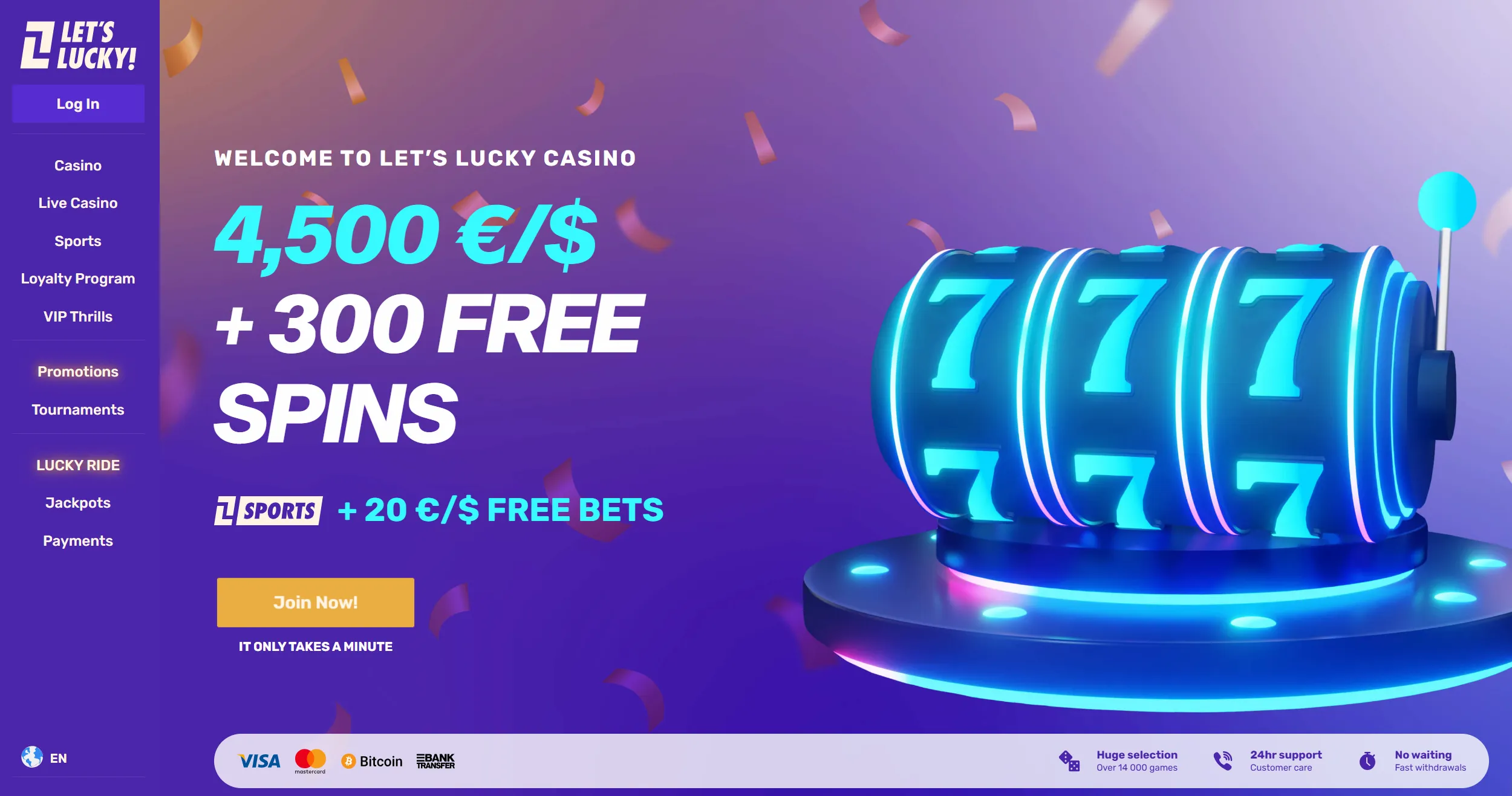 Let's Lucky casino homepage showing welcome bonus offer and site main navigation