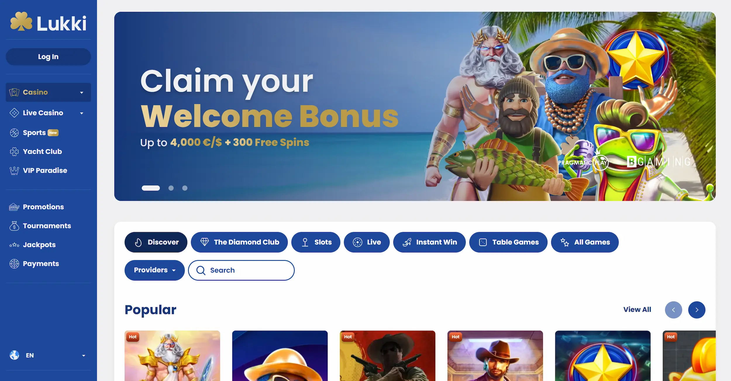Lukki casino homepage showing welcome offer, popular online pokies and site main navigation